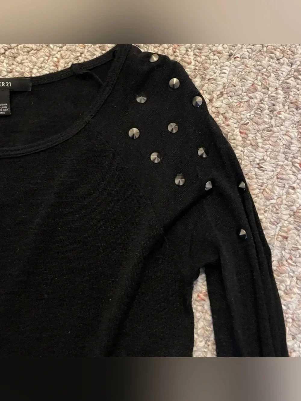 Forever 21 Black Long-Sleeve Studded Shoulder Tee